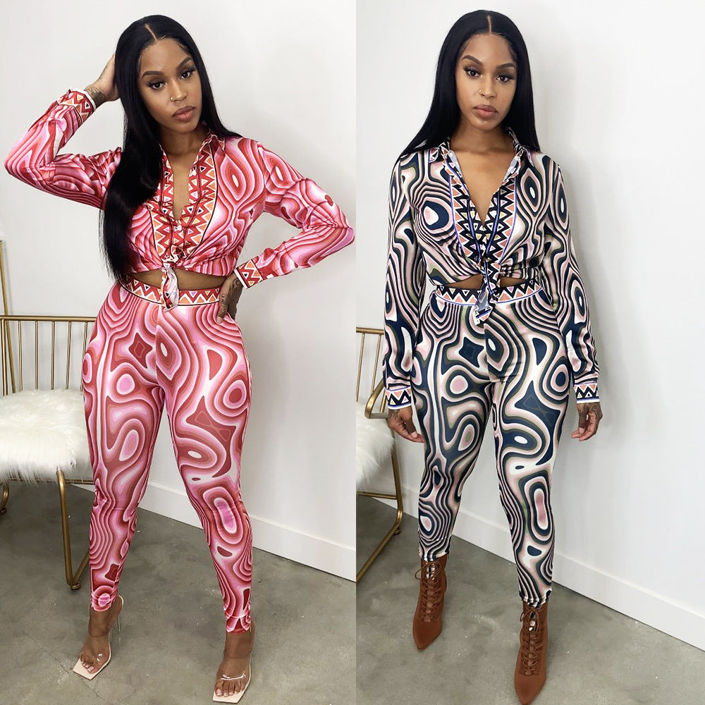 plush heat Sexy Printed Long-Sleeved 2 piece Suit