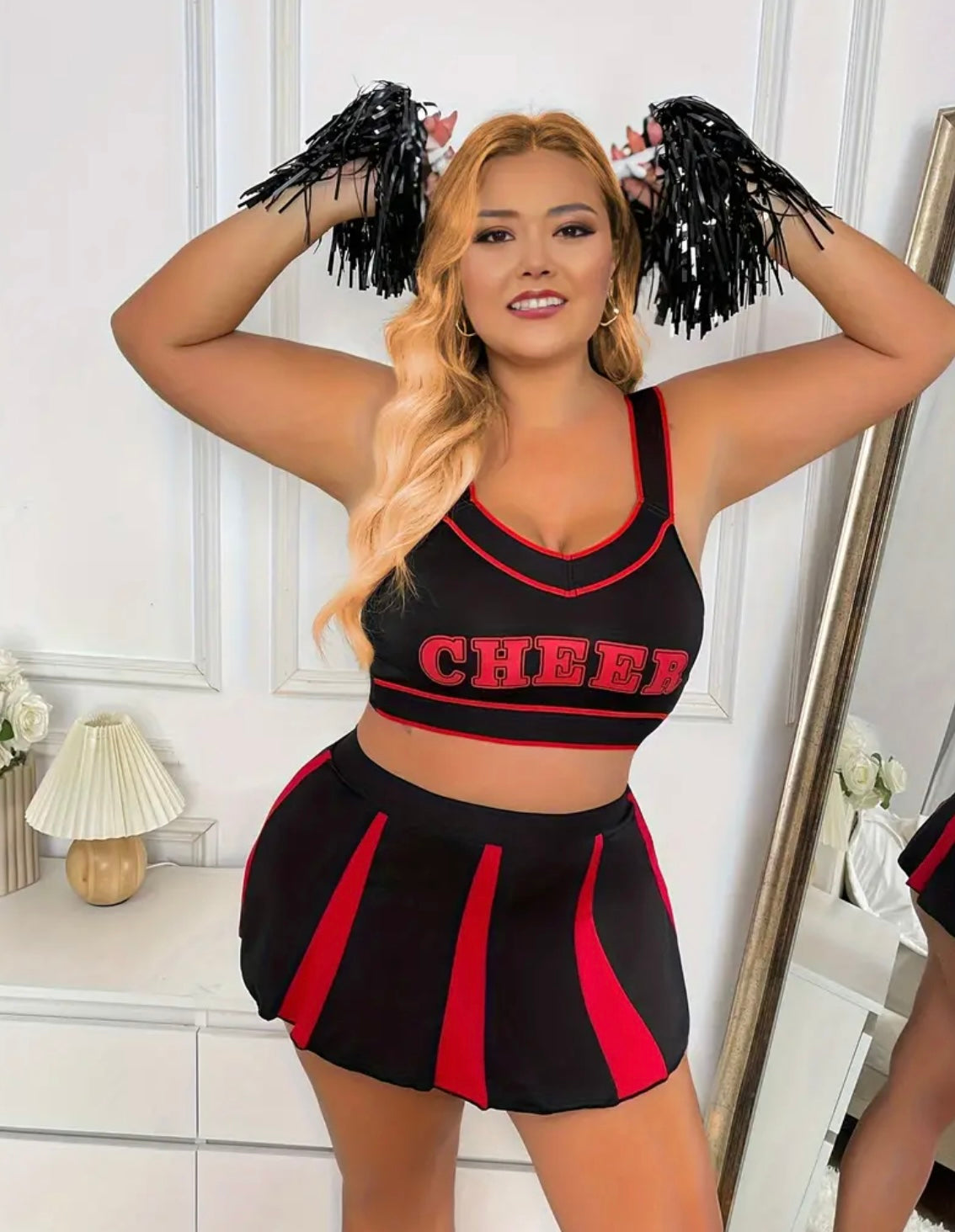 Women's Plus Size Cheerleader Costumes, Top And Skirt Outfit With Contrasting Letter Print, Performance And Party Wear