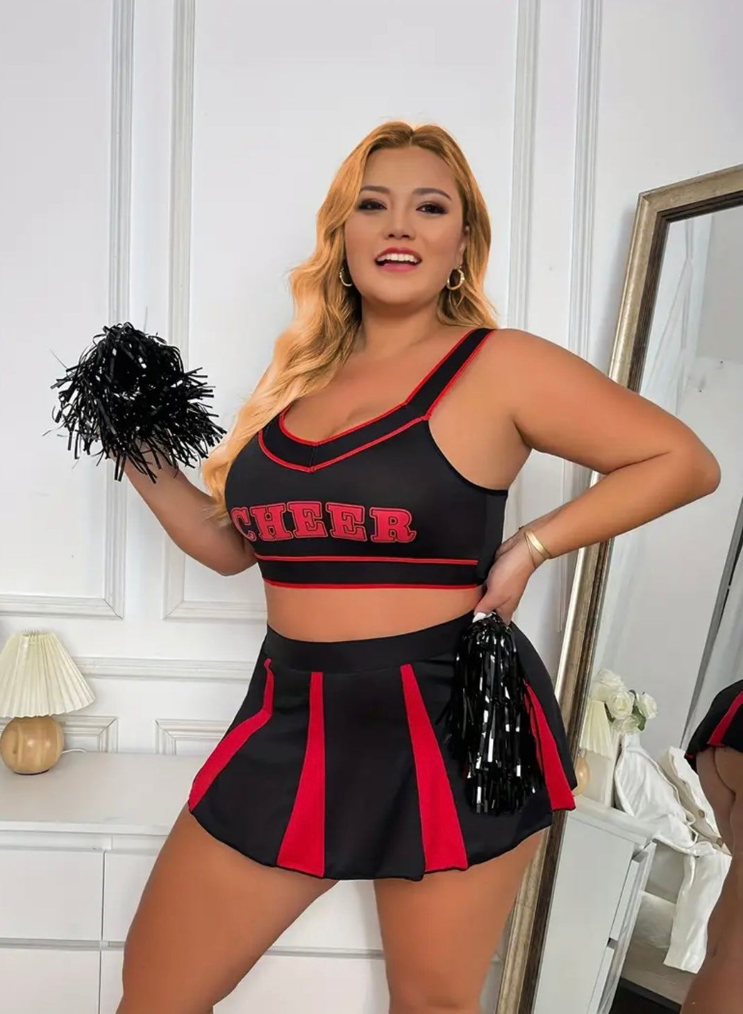 Women's Plus Size Cheerleader Costumes, Top And Skirt Outfit With Contrasting Letter Print, Performance And Party Wear