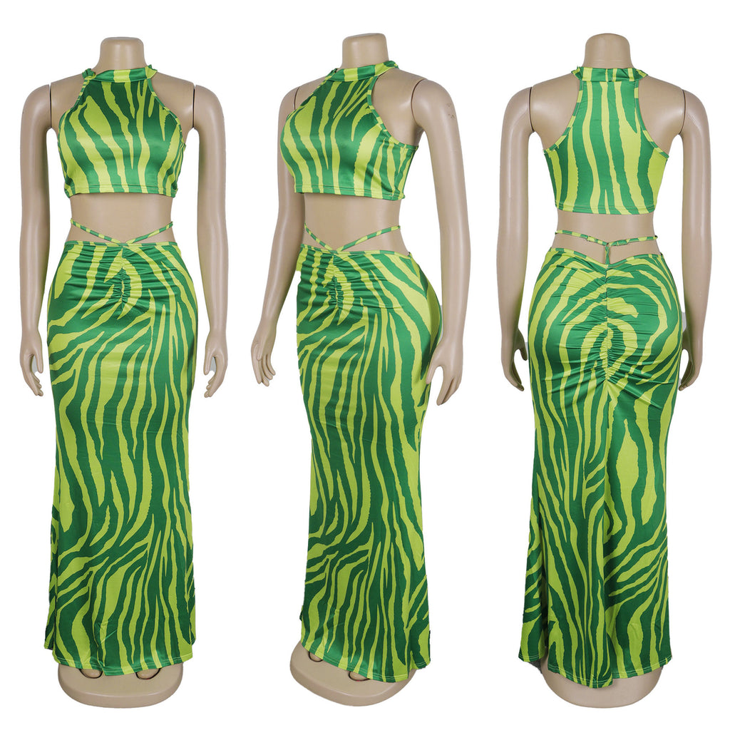 Summer Women Sets | Sleeveless Sexy Striped Print Crop Top and Long Skirt Set | Night Club Party Beach 2 Two Piece Sets