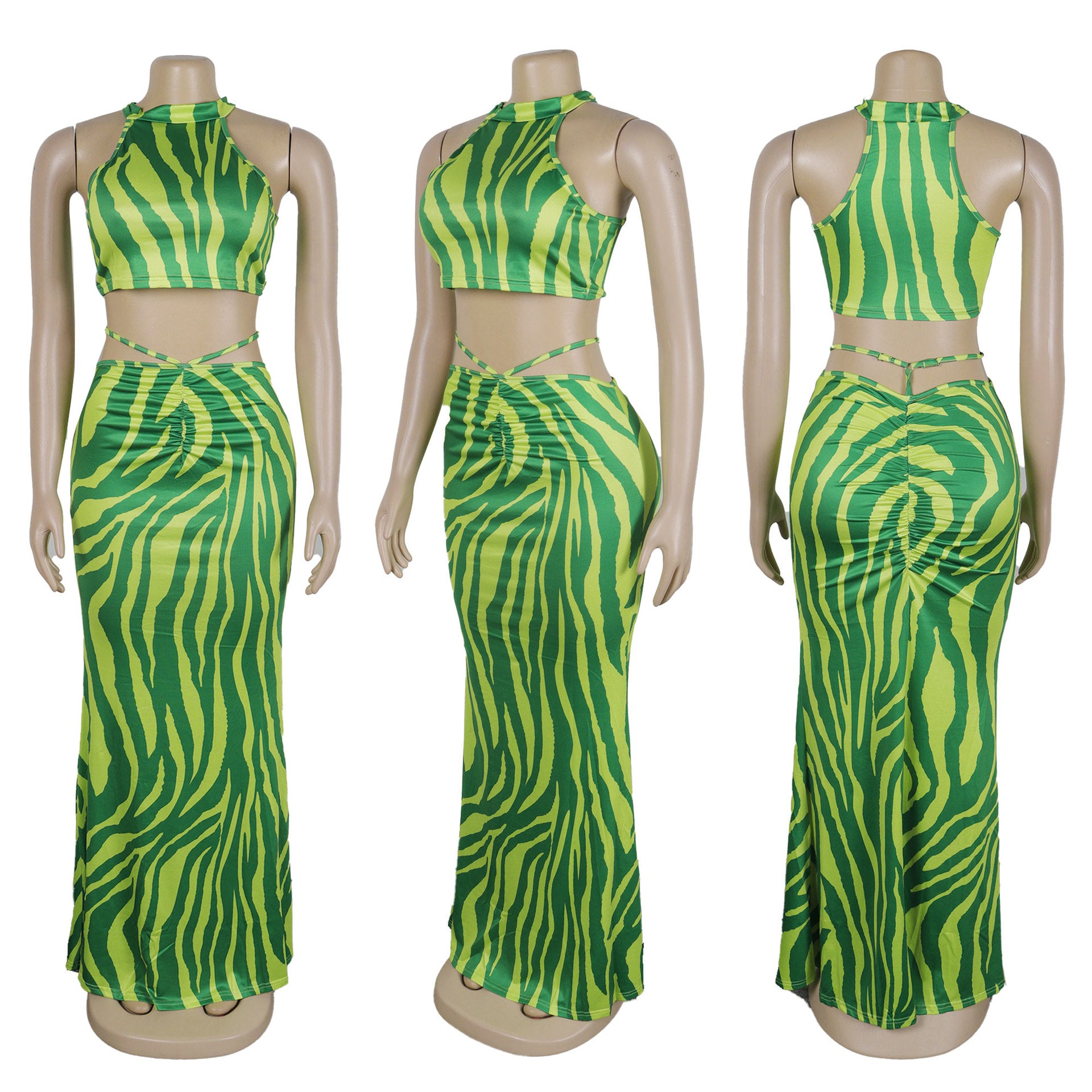 Summer Women Sets | Sleeveless Sexy Striped Print Crop Top and Long Skirt Set | Night Club Party Beach 2 Two Piece Sets