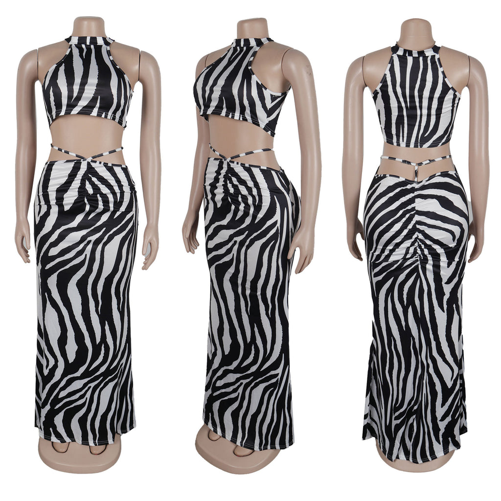 Summer Women Sets | Sleeveless Sexy Striped Print Crop Top and Long Skirt Set | Night Club Party Beach 2 Two Piece Sets