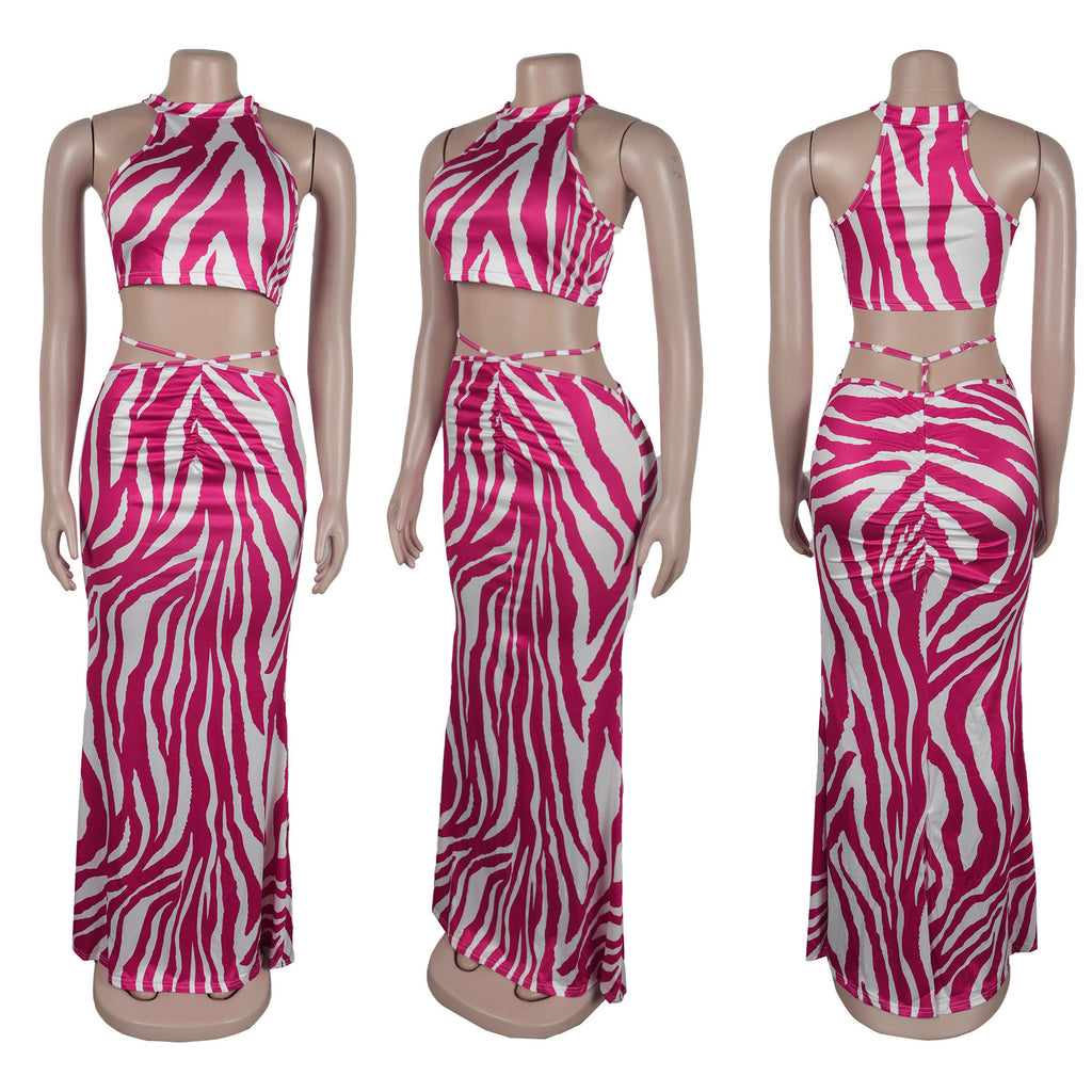 Summer Women Sets | Sleeveless Sexy Striped Print Crop Top and Long Skirt Set | Night Club Party Beach 2 Two Piece Sets
