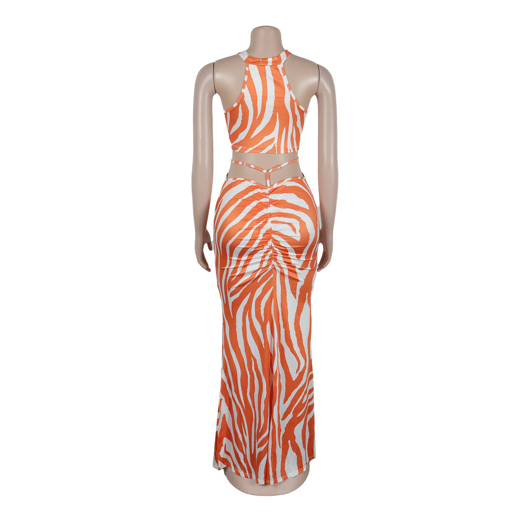 Summer Women Sets | Sleeveless Sexy Striped Print Crop Top and Long Skirt Set | Night Club Party Beach 2 Two Piece Sets
