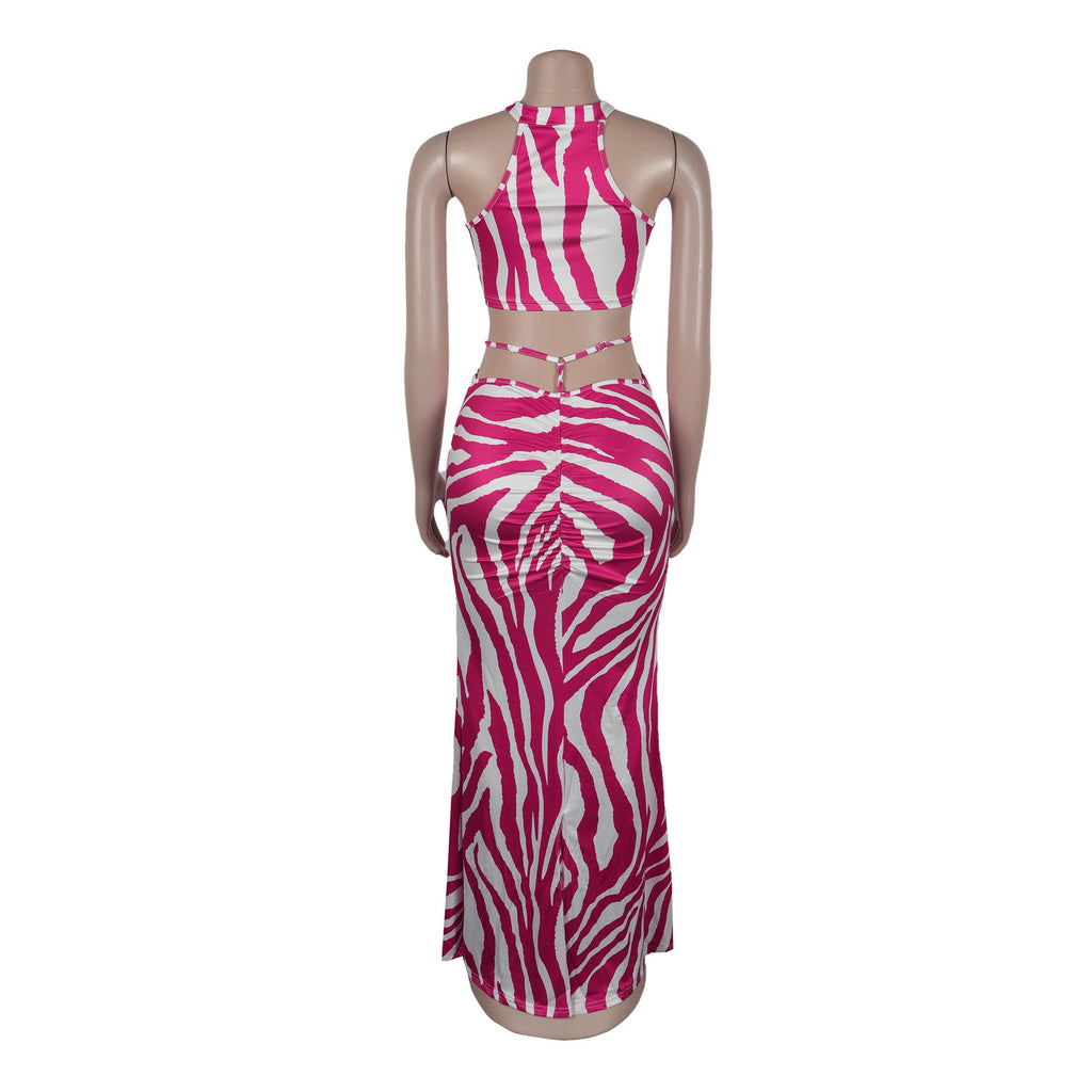 Summer Women Sets | Sleeveless Sexy Striped Print Crop Top and Long Skirt Set | Night Club Party Beach 2 Two Piece Sets