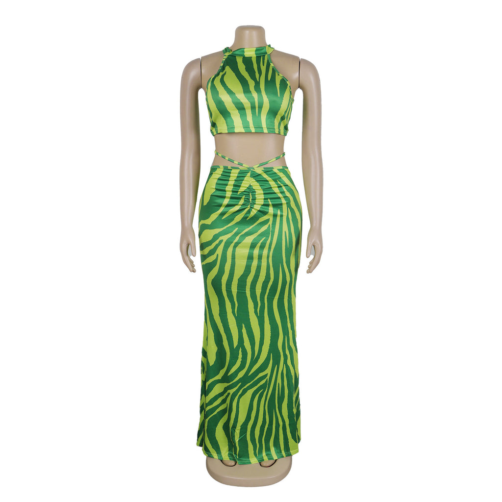 Summer Women Sets | Sleeveless Sexy Striped Print Crop Top and Long Skirt Set | Night Club Party Beach 2 Two Piece Sets