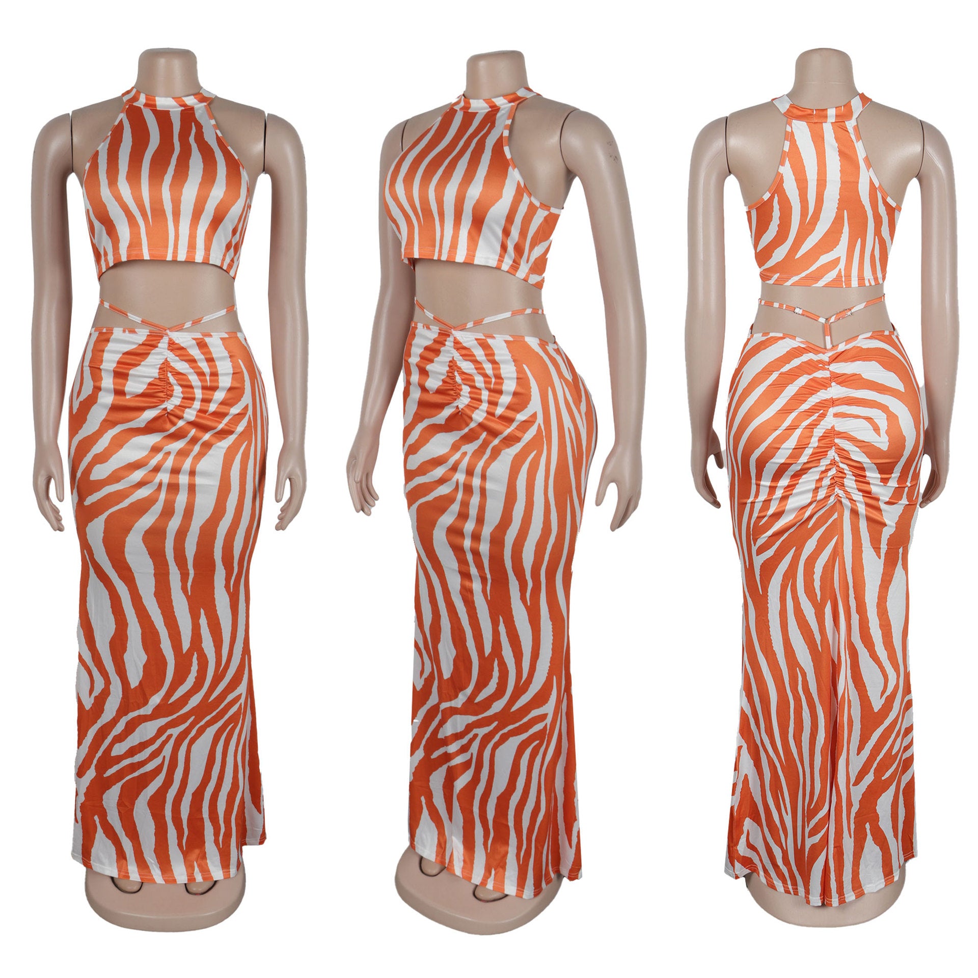 Summer Women Sets | Sleeveless Sexy Striped Print Crop Top and Long Skirt Set | Night Club Party Beach 2 Two Piece Sets