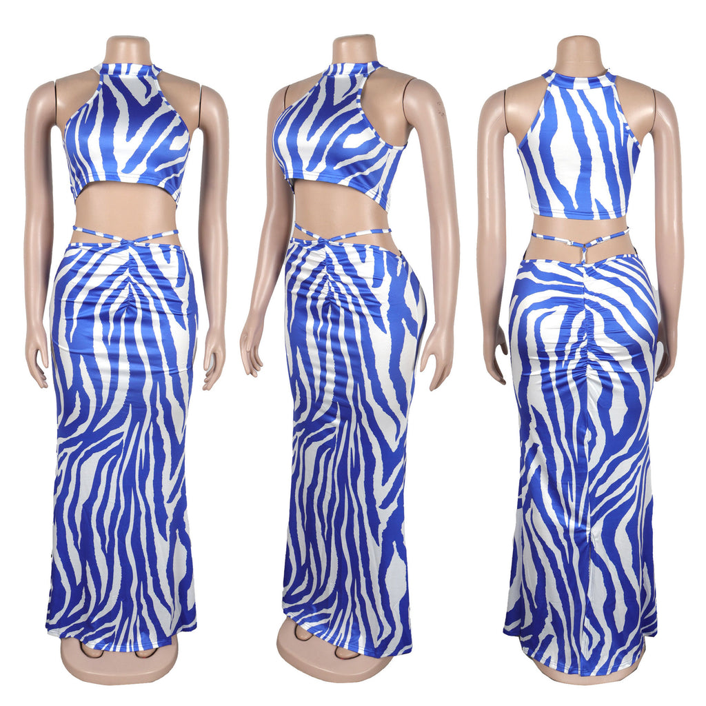 Summer Women Sets | Sleeveless Sexy Striped Print Crop Top and Long Skirt Set | Night Club Party Beach 2 Two Piece Sets