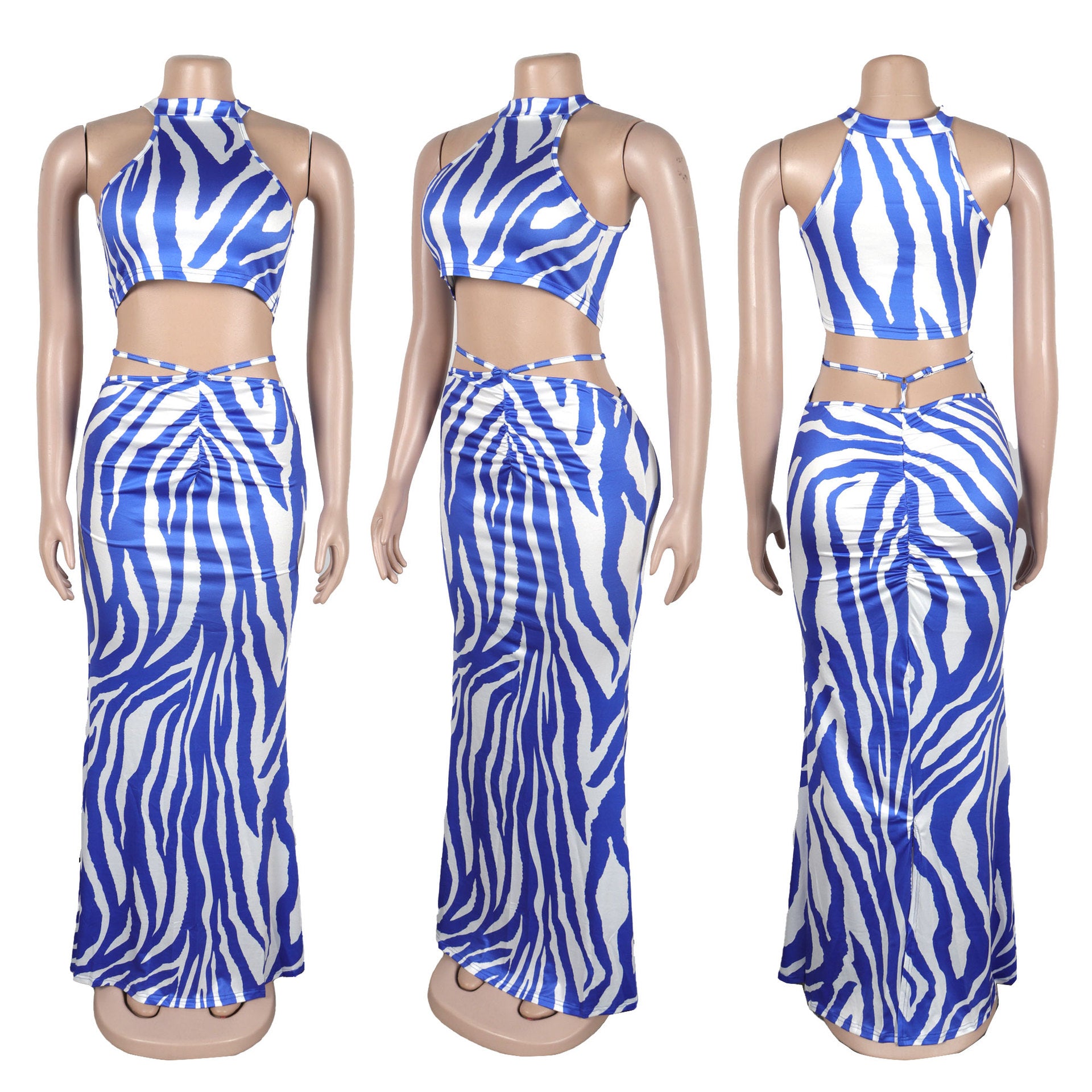 Summer Women Sets | Sleeveless Sexy Striped Print Crop Top and Long Skirt Set | Night Club Party Beach 2 Two Piece Sets