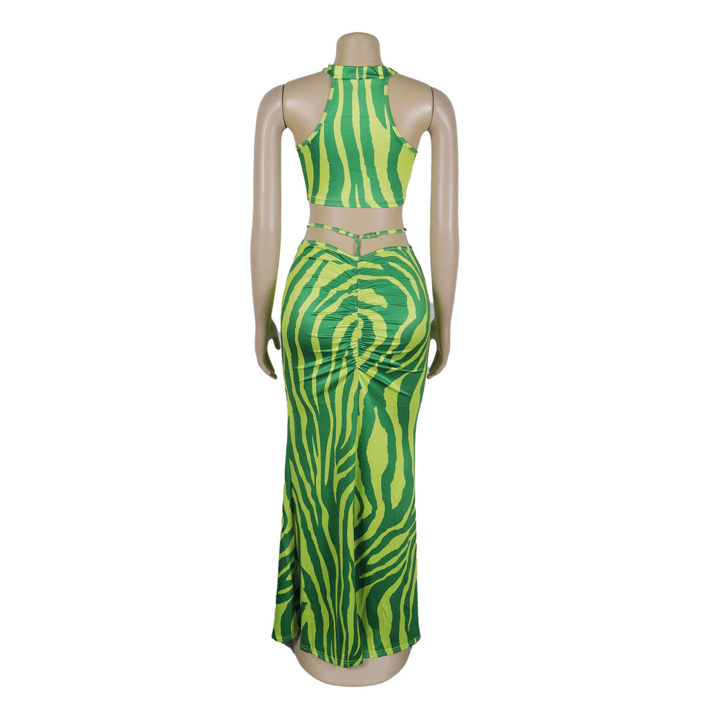 Summer Women Sets | Sleeveless Sexy Striped Print Crop Top and Long Skirt Set | Night Club Party Beach 2 Two Piece Sets