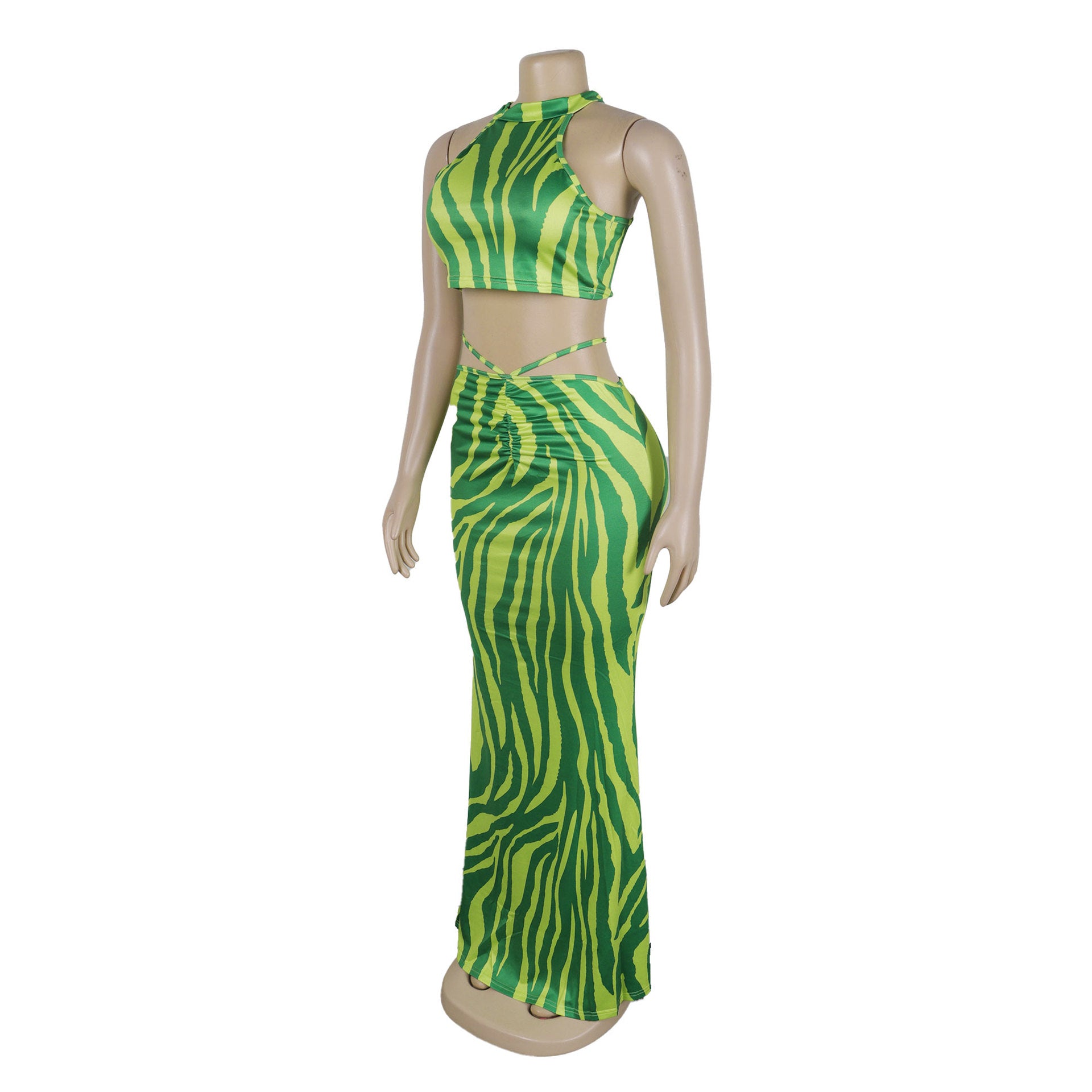 Summer Women Sets | Sleeveless Sexy Striped Print Crop Top and Long Skirt Set | Night Club Party Beach 2 Two Piece Sets