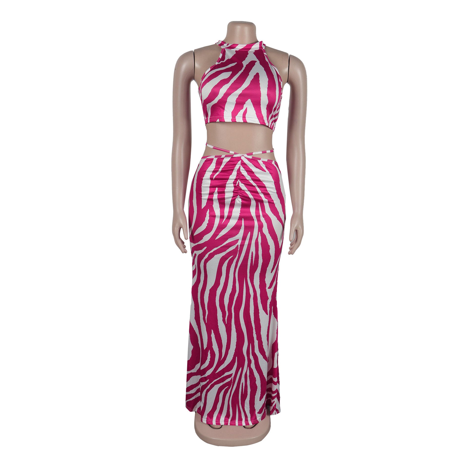 Summer Women Sets | Sleeveless Sexy Striped Print Crop Top and Long Skirt Set | Night Club Party Beach 2 Two Piece Sets