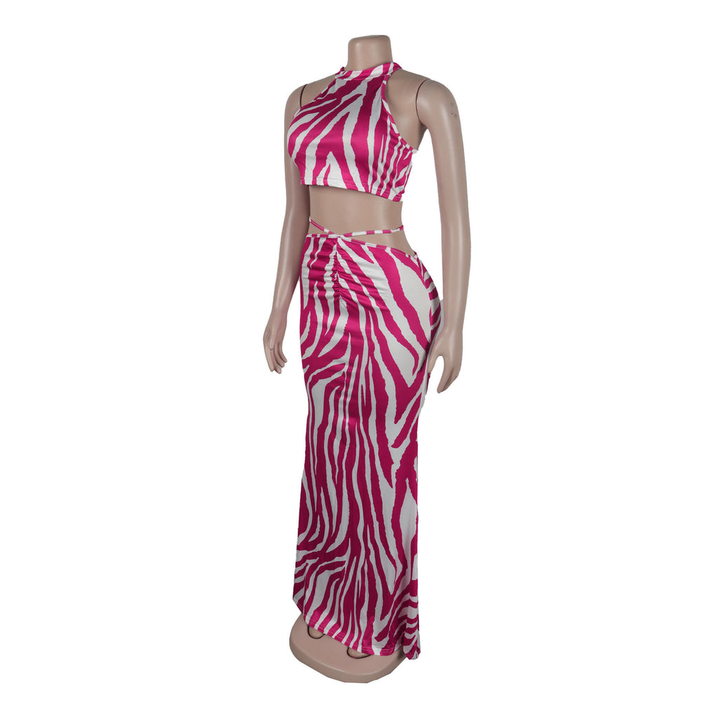 Summer Women Sets | Sleeveless Sexy Striped Print Crop Top and Long Skirt Set | Night Club Party Beach 2 Two Piece Sets
