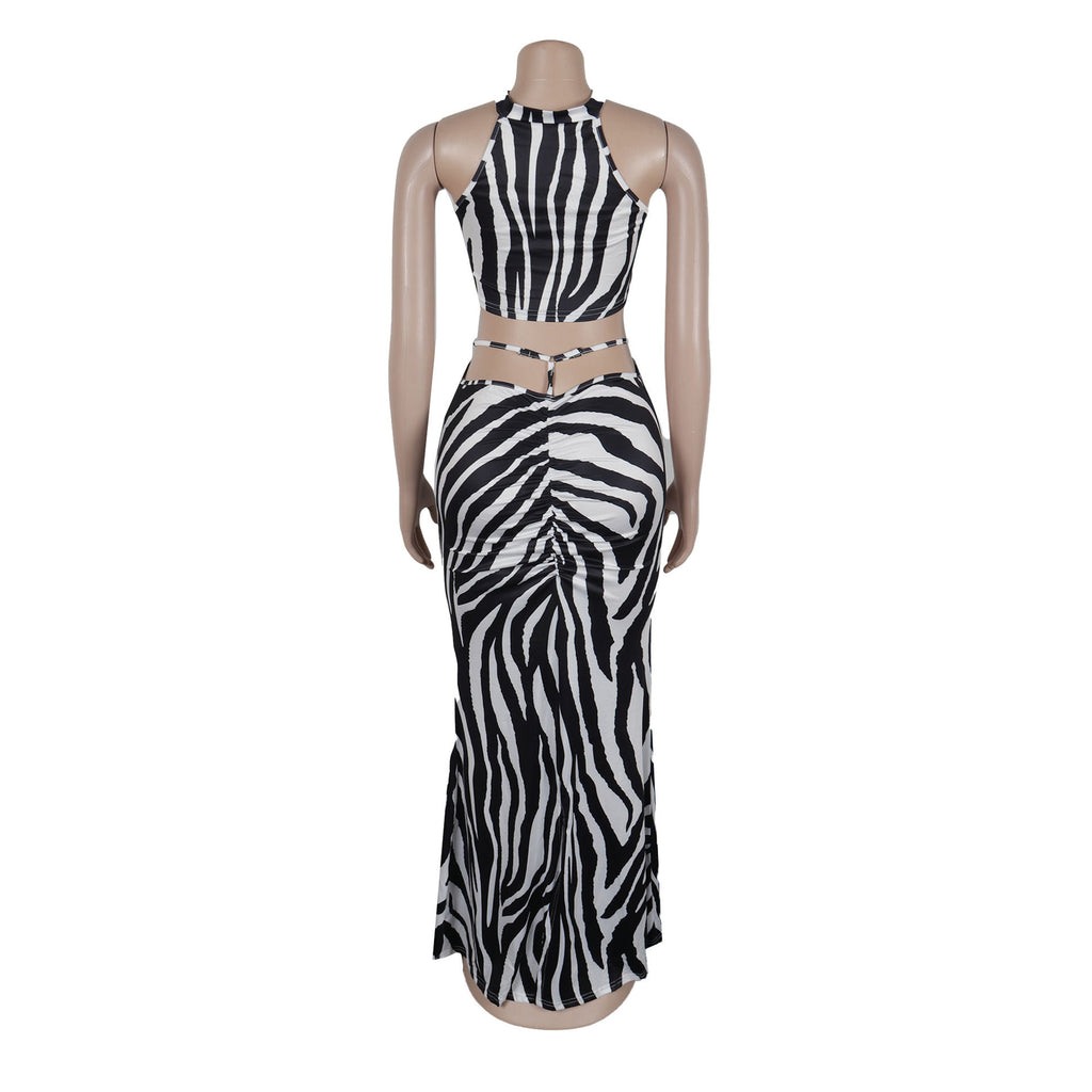 Summer Women Sets | Sleeveless Sexy Striped Print Crop Top and Long Skirt Set | Night Club Party Beach 2 Two Piece Sets