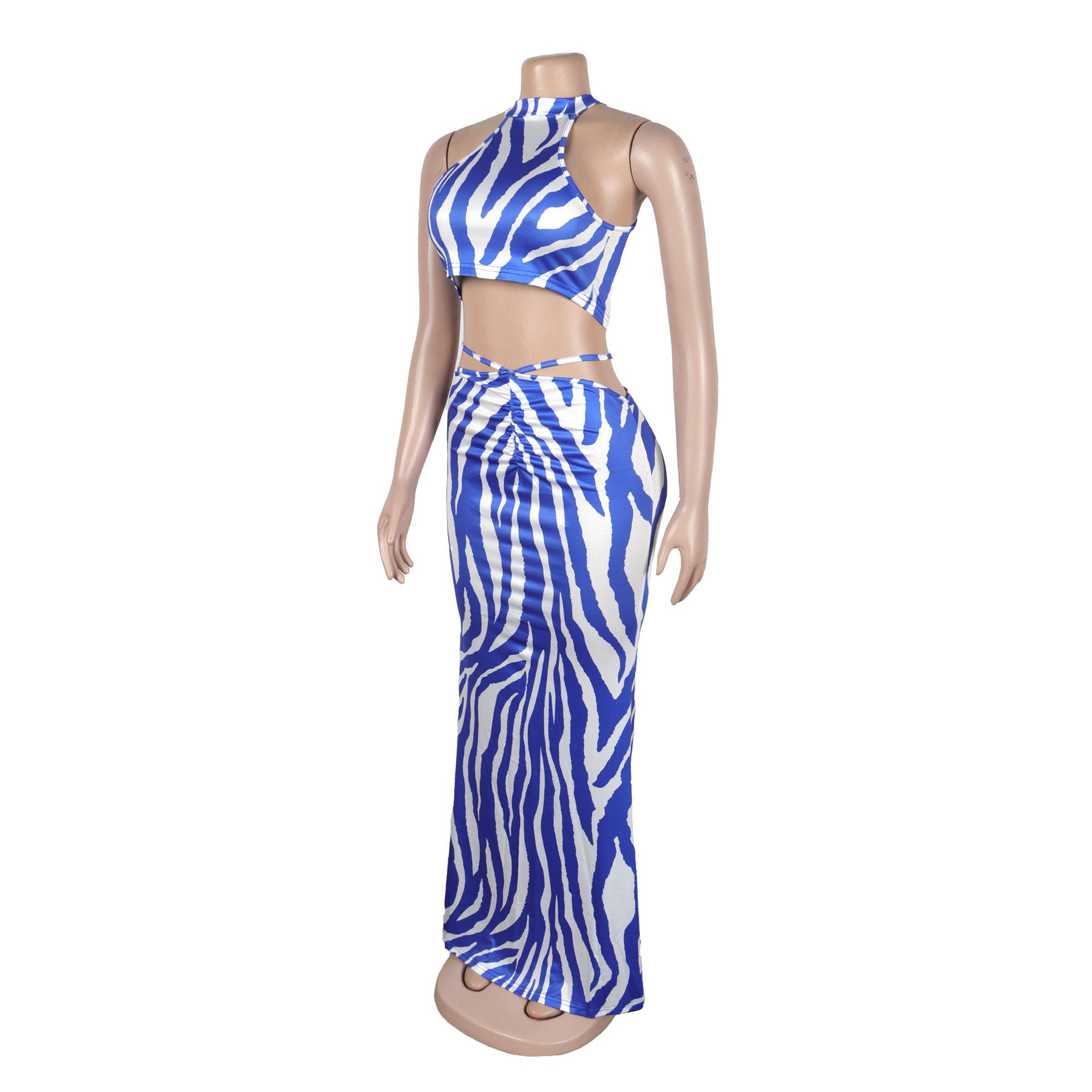 Summer Women Sets | Sleeveless Sexy Striped Print Crop Top and Long Skirt Set | Night Club Party Beach 2 Two Piece Sets
