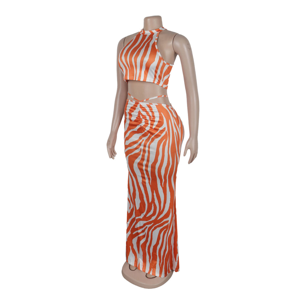Summer Women Sets | Sleeveless Sexy Striped Print Crop Top and Long Skirt Set | Night Club Party Beach 2 Two Piece Sets