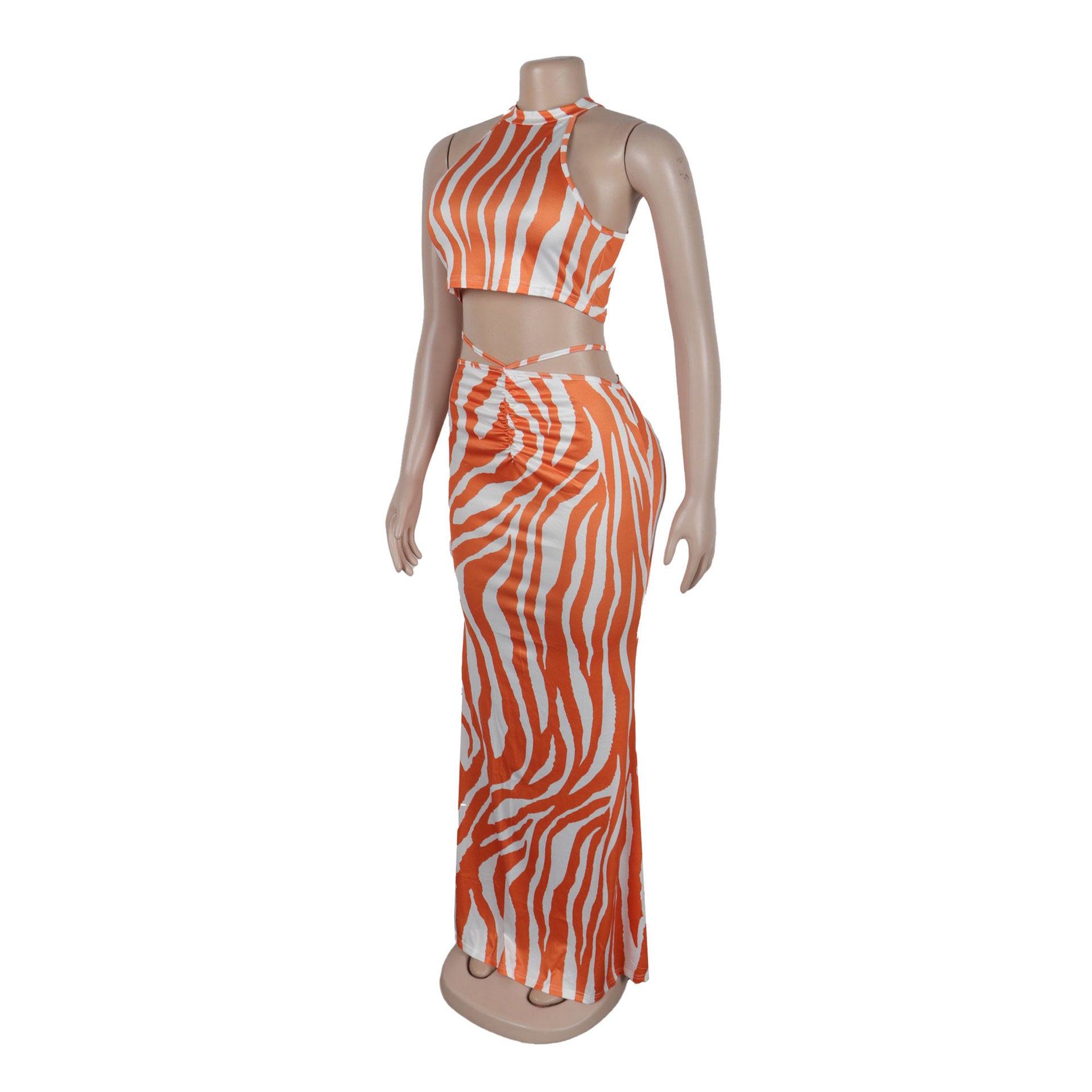 Summer Women Sets | Sleeveless Sexy Striped Print Crop Top and Long Skirt Set | Night Club Party Beach 2 Two Piece Sets