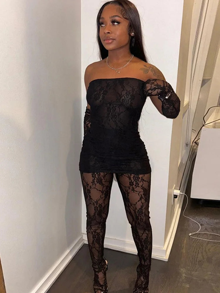 Sexy Lace Women 2Piece Set| Tube Dress+See Through Stockings | Coquette Hot Girls Club Nightout Party Matching Outfits