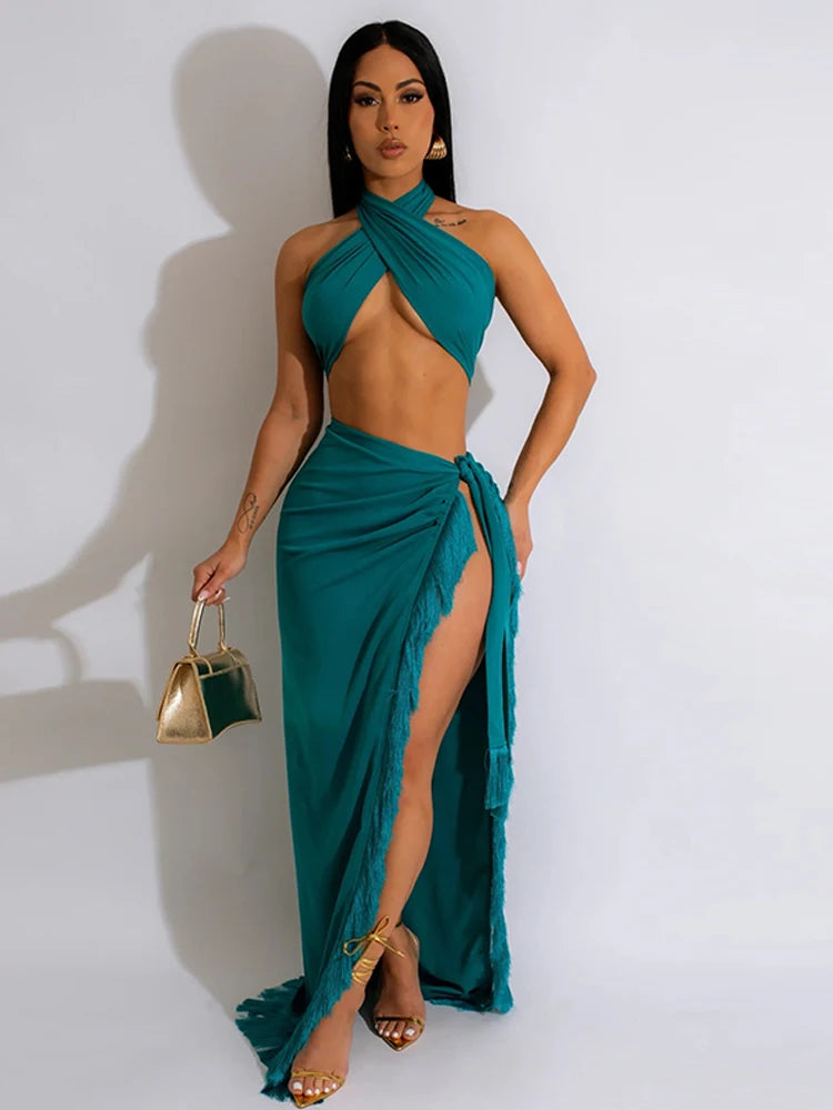 Chic Halter Neck Crop |Top And High Slit Resort Wrap Skirt Set |Two-Piece Outfits Summer Fringed Swimsuits Cover-Up Set