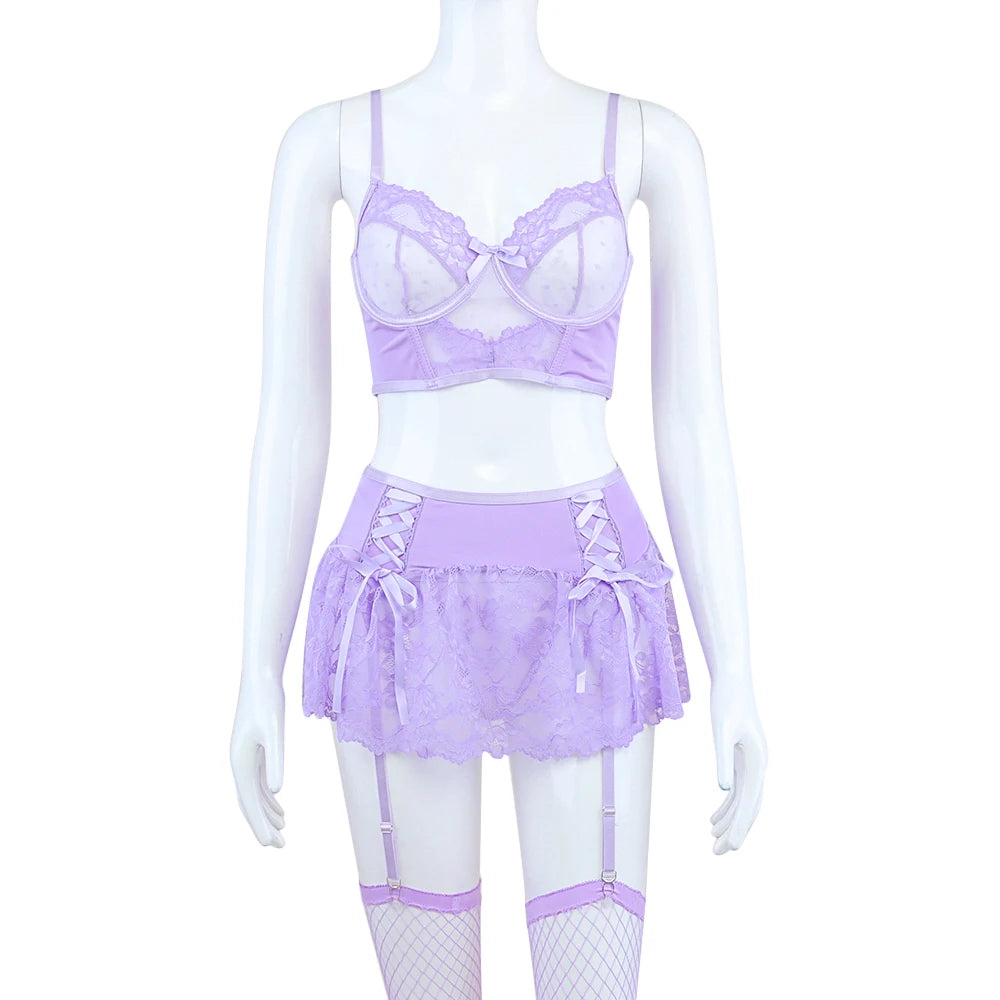 Fairy Lingerie Sexy Dames Delicate Underwear Polka Dot Lace Skirt See Through Bra Lavender Bilizna Set With Stocking