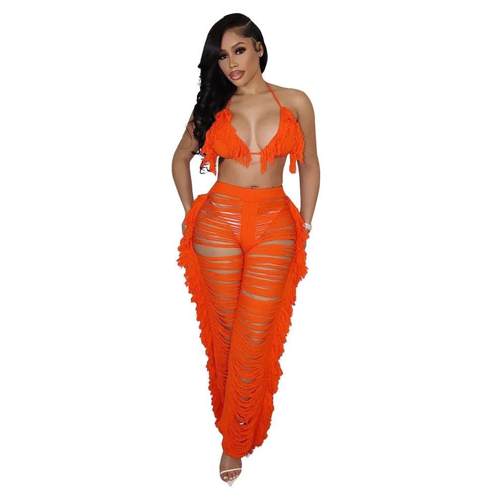 Women Crochet Set | cover up| swim Two Pieces Set Halter | Backless Top Pants Tassels Knitted | 2 Pieces  Beach Set