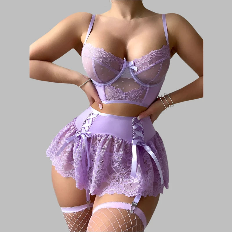 Fairy Lingerie Sexy Dames Delicate Underwear Polka Dot Lace Skirt See Through Bra Lavender Bilizna Set With Stocking