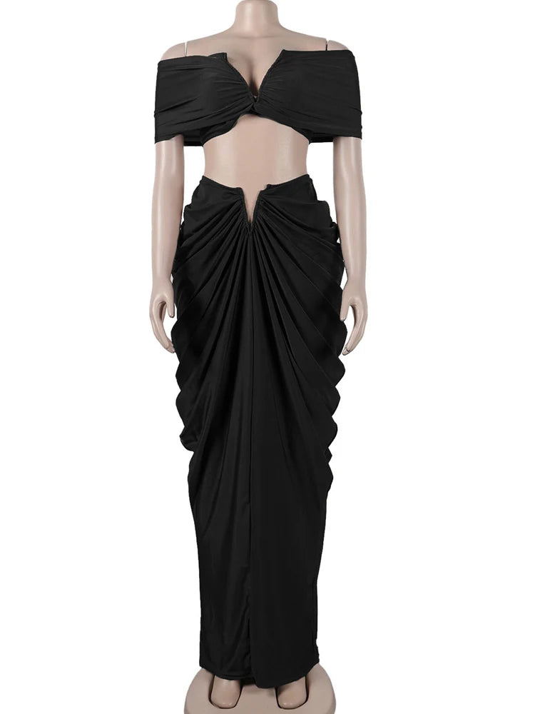 Women's Beautiful Ruched Skirt Set | Two-Piece Outfits | Pleated Crop Top And High Skirt Set Night Club Outfits