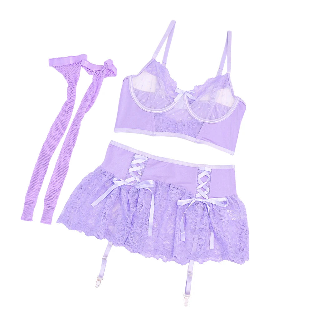 Fairy Lingerie Sexy Dames Delicate Underwear Polka Dot Lace Skirt See Through Bra Lavender Bilizna Set With Stocking