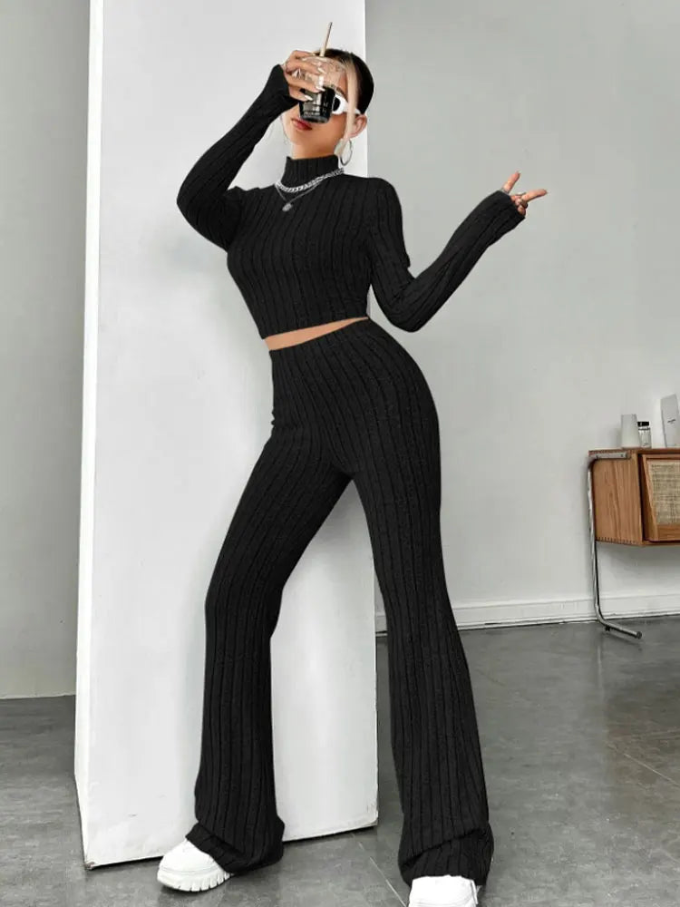 Women'S Stand Collar Knit Striped Long Sleeve T-Shirt And Pants Two Piece Set