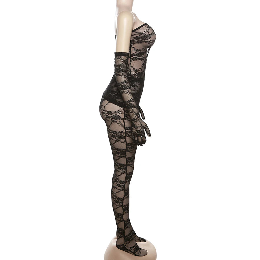 Sexy Lace Women 2Piece Set| Tube Dress+See Through Stockings | Coquette Hot Girls Club Nightout Party Matching Outfits