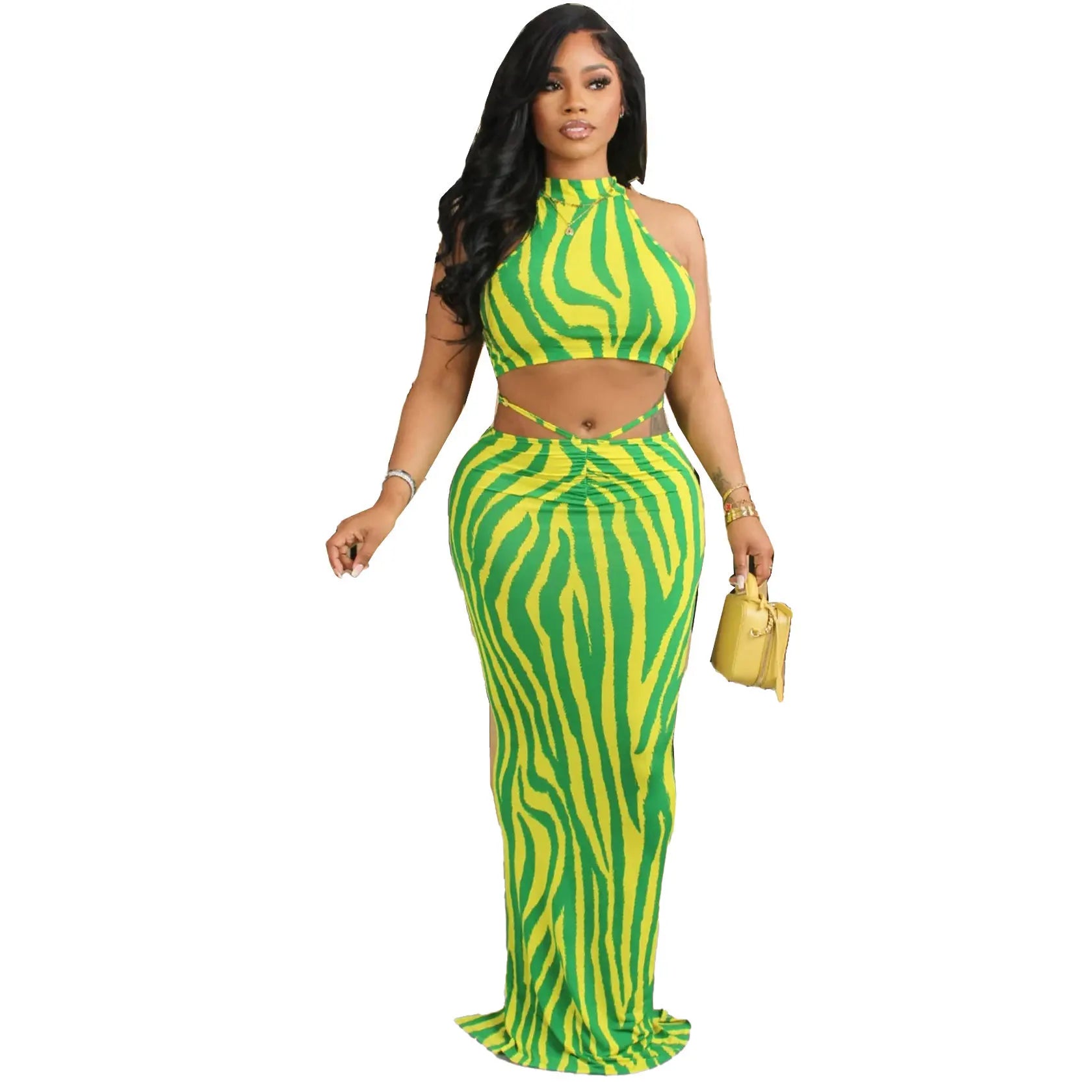Summer Women Sets | Sleeveless Sexy Striped Print Crop Top and Long Skirt Set | Night Club Party Beach 2 Two Piece Sets