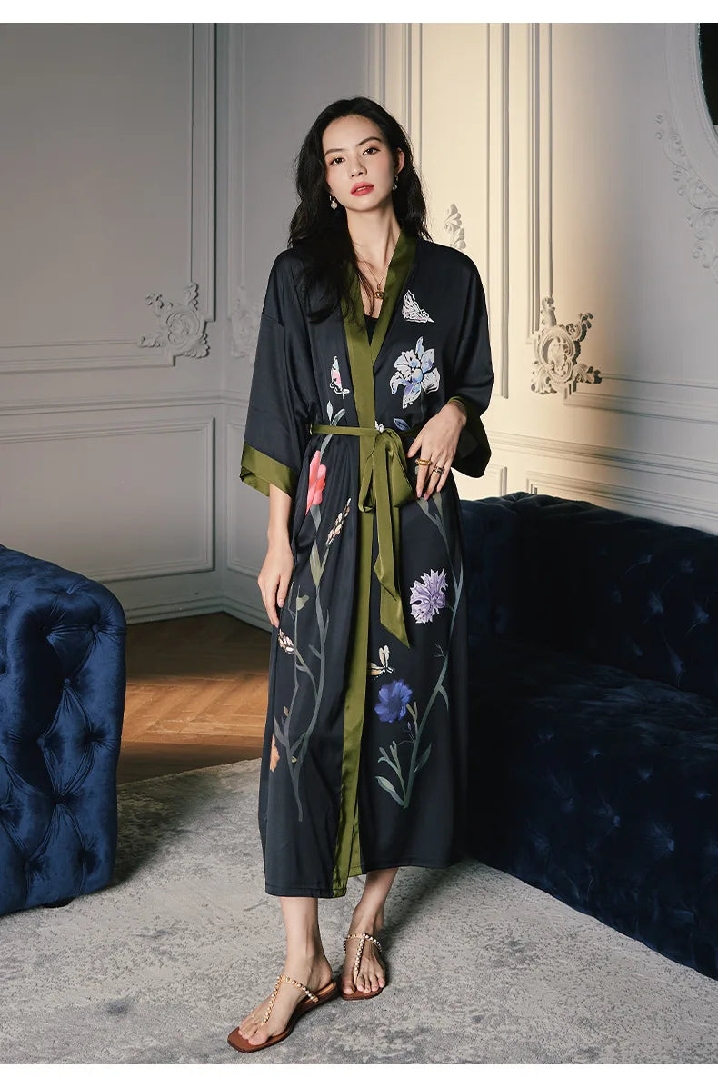 Black Print Flower Long Robe | Nightgown| lounge robe