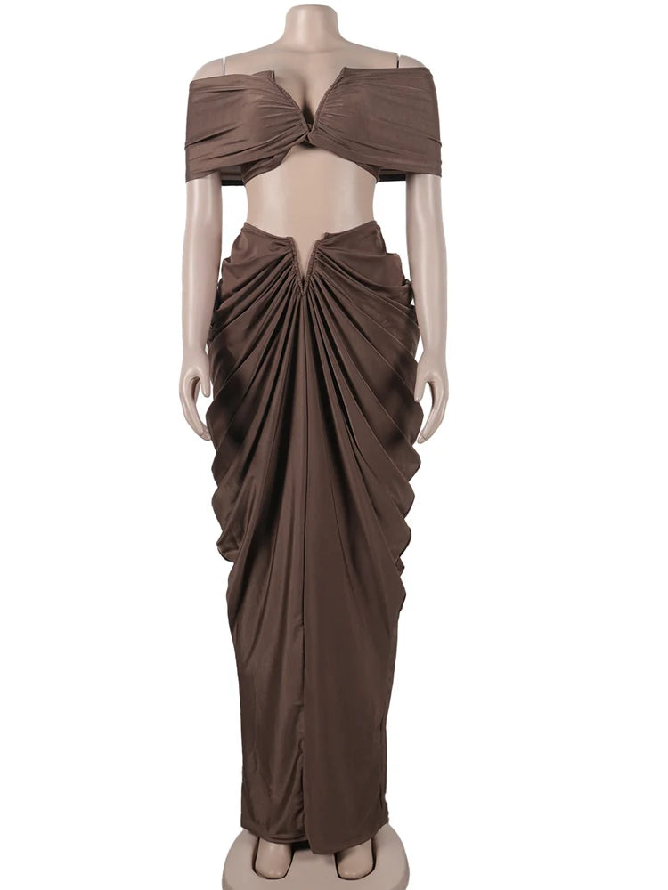 Women's Beautiful Ruched Skirt Set | Two-Piece Outfits | Pleated Crop Top And High Skirt Set Night Club Outfits