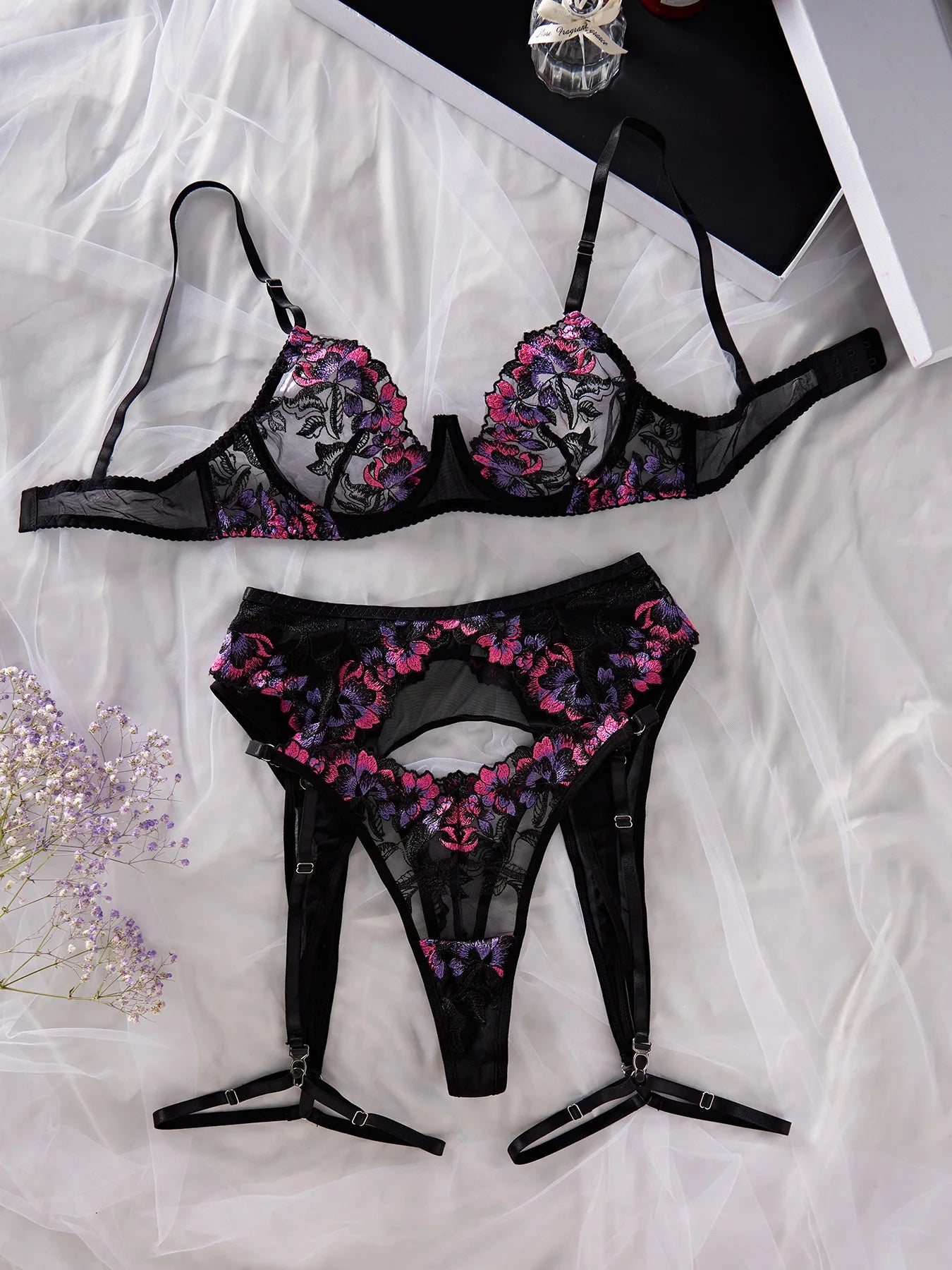 lingerie Women Sexy Flower Bra Set See Through | Embroidery Floral Lingerie Elegant |Ladies Underwear Bikini Bra set