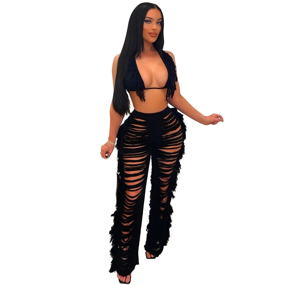 Women Crochet Set | cover up| swim Two Pieces Set Halter | Backless Top Pants Tassels Knitted | 2 Pieces  Beach Set