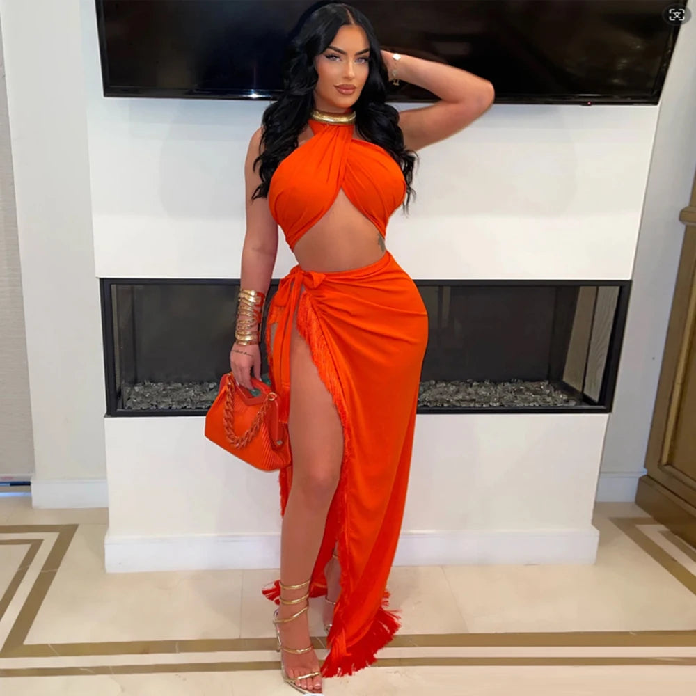 Chic Halter Neck Crop |Top And High Slit Resort Wrap Skirt Set |Two-Piece Outfits Summer Fringed Swimsuits Cover-Up Set