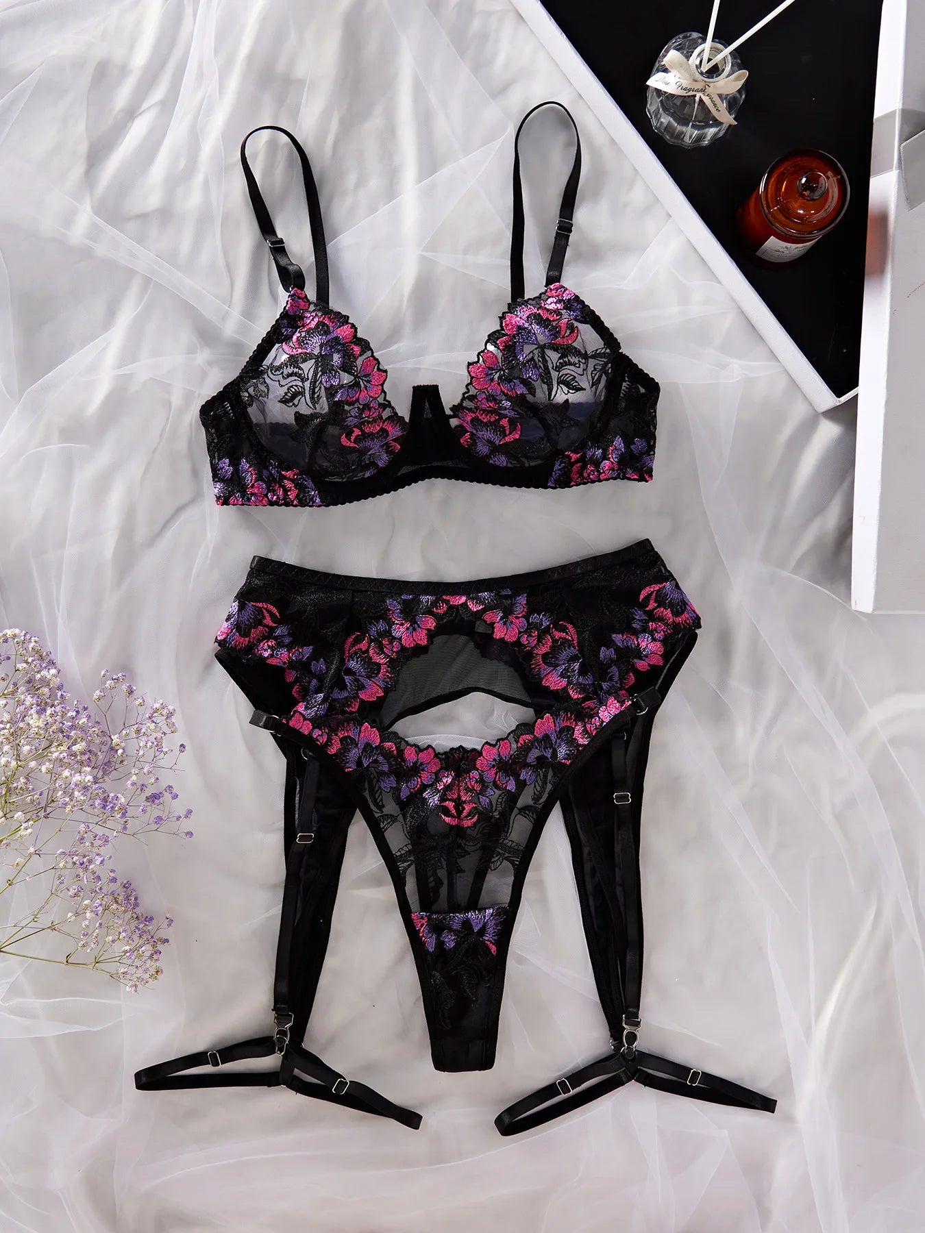 lingerie Women Sexy Flower Bra Set See Through | Embroidery Floral Lingerie Elegant |Ladies Underwear Bikini Bra set