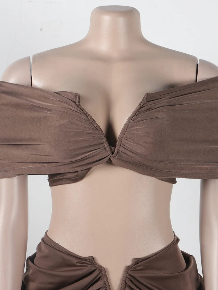 Women's Beautiful Ruched Skirt Set | Two-Piece Outfits | Pleated Crop Top And High Skirt Set Night Club Outfits