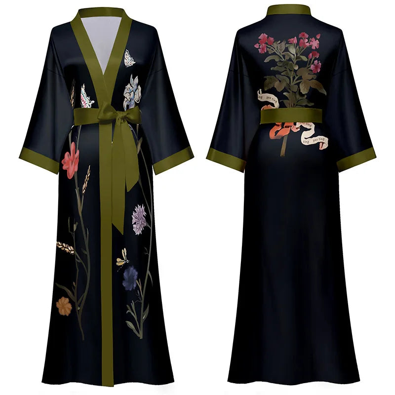 Black Print Flower Long Robe | Nightgown| lounge robe