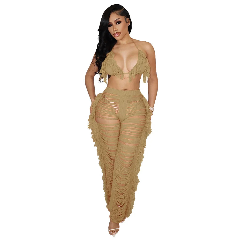 Women Crochet Set | cover up| swim Two Pieces Set Halter | Backless Top Pants Tassels Knitted | 2 Pieces  Beach Set