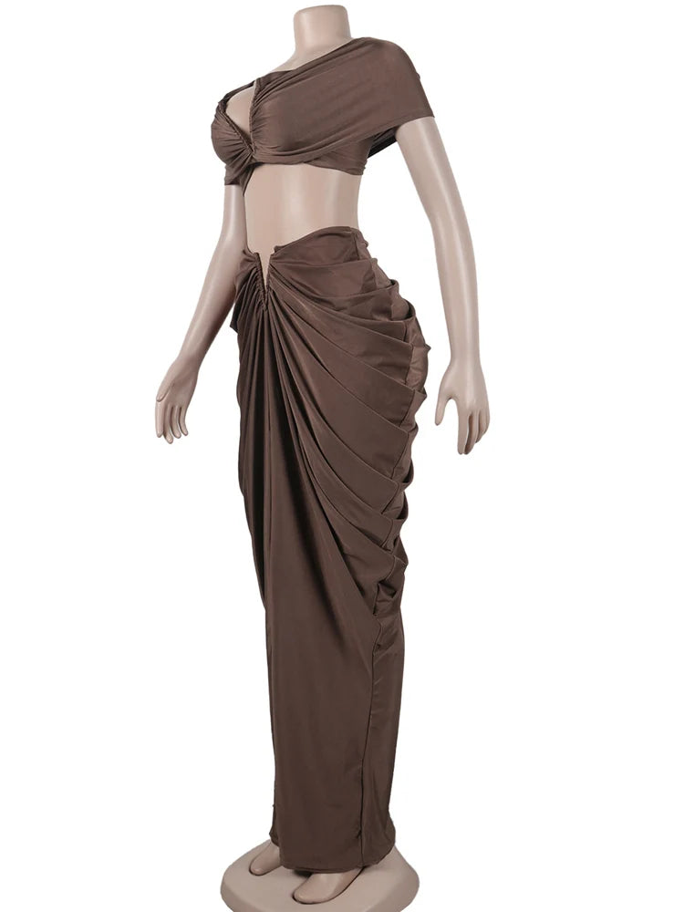 Women's Beautiful Ruched Skirt Set | Two-Piece Outfits | Pleated Crop Top And High Skirt Set Night Club Outfits