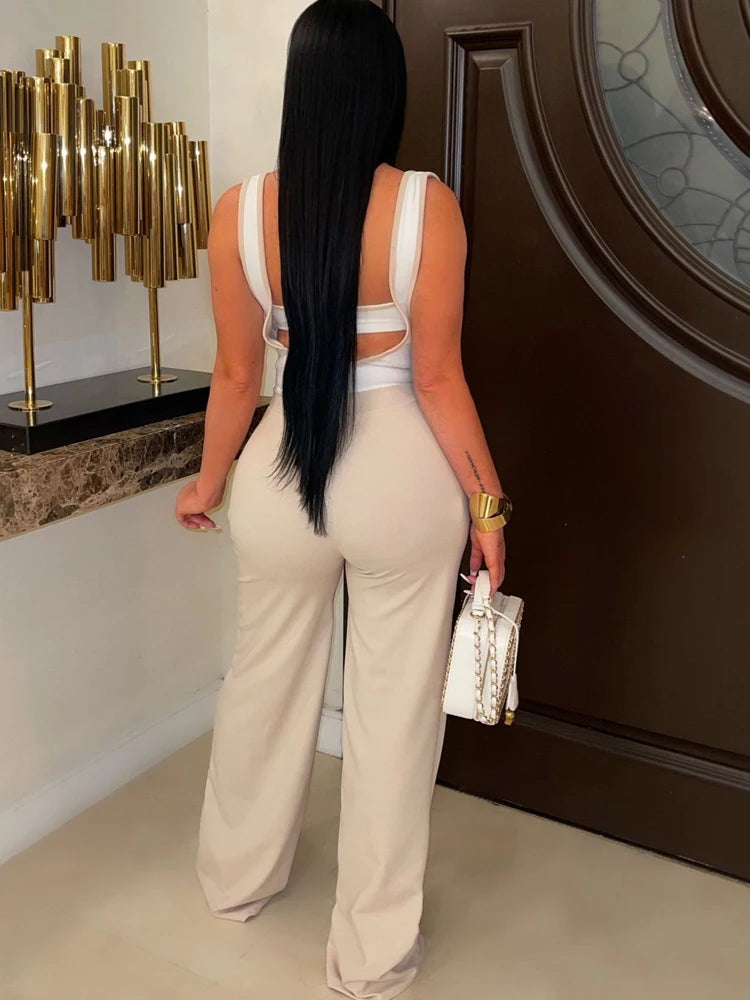 Elegant Women's Suspender Jumpsuits|  Two-Piece Outfits Glam Fitted| Button Details Wide Legs Long Pants Jumpsuit Clubwear