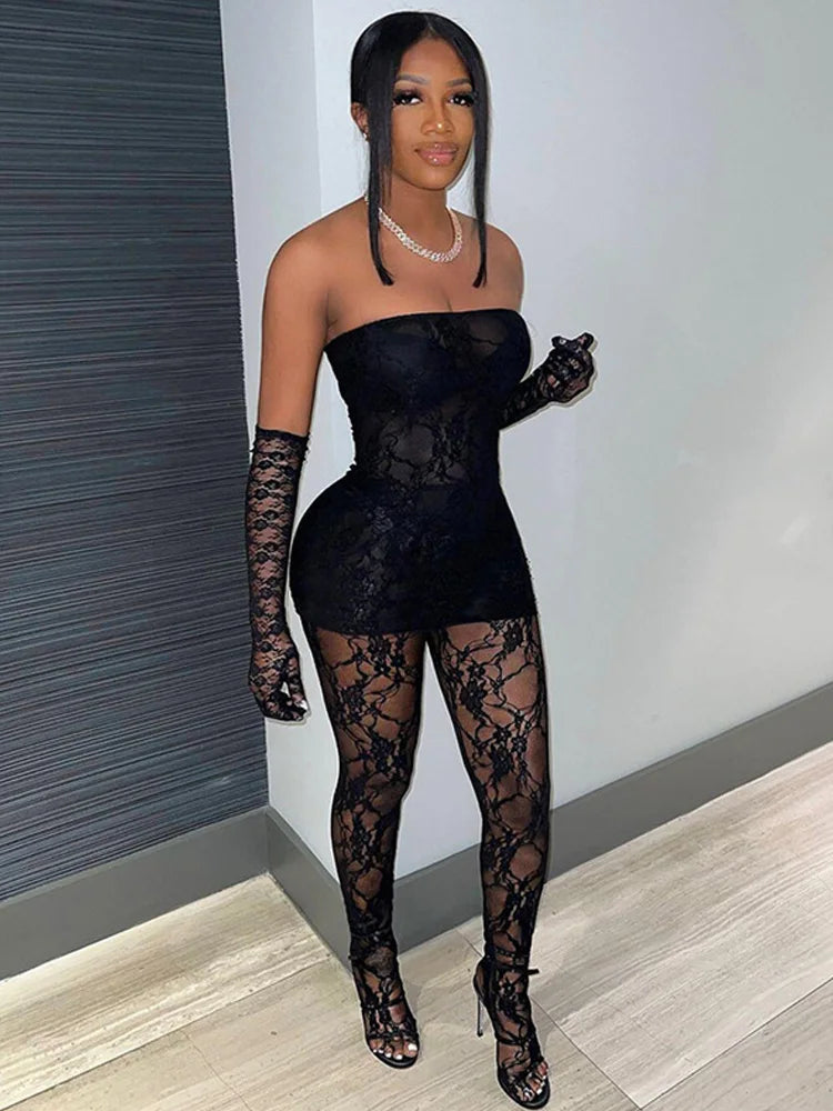 Sexy Lace Women 2Piece Set| Tube Dress+See Through Stockings | Coquette Hot Girls Club Nightout Party Matching Outfits