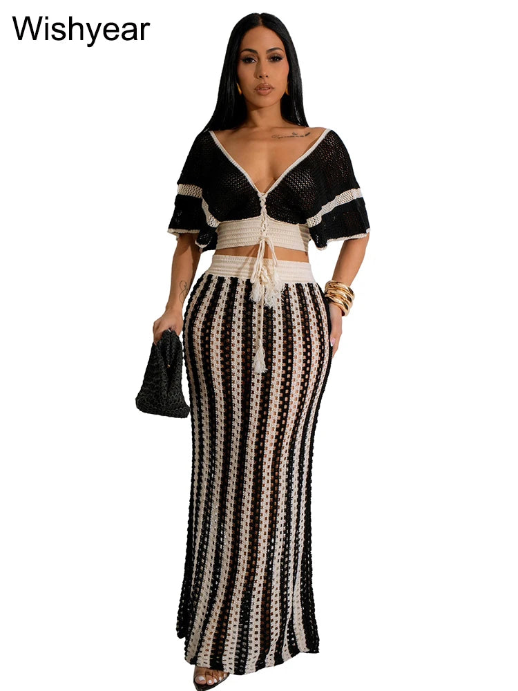 Elegant Knitted Crochet Beach Black Stripe Two 2 Piece| Women Crop Tops and Long Skirts Matching Set Holiday Birthday Outfits