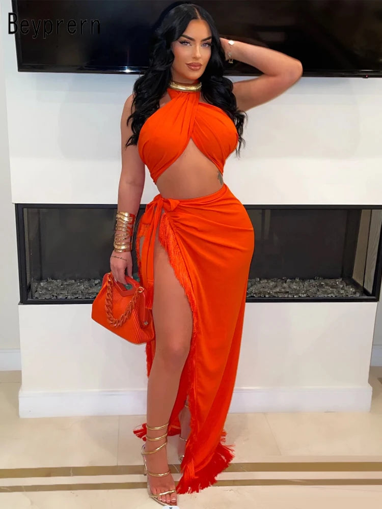 Chic Halter Neck Crop |Top And High Slit Resort Wrap Skirt Set |Two-Piece Outfits Summer Fringed Swimsuits Cover-Up Set