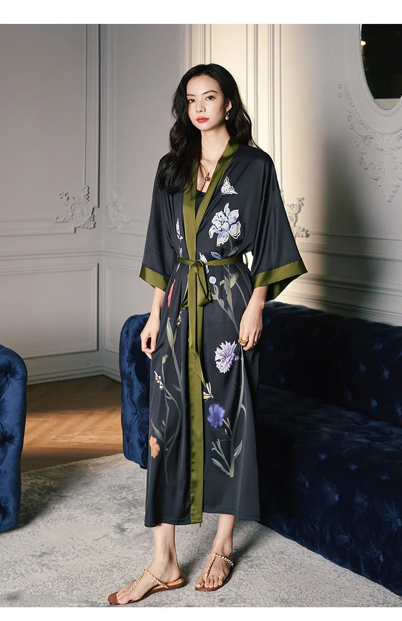 Black Print Flower Long Robe | Nightgown| lounge robe