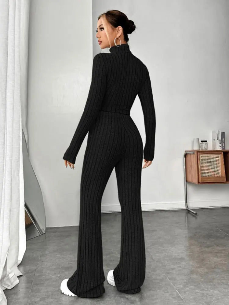 Women'S Stand Collar Knit Striped Long Sleeve T-Shirt And Pants Two Piece Set