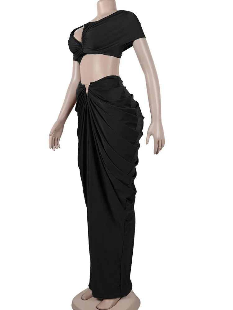 Women's Beautiful Ruched Skirt Set | Two-Piece Outfits | Pleated Crop Top And High Skirt Set Night Club Outfits