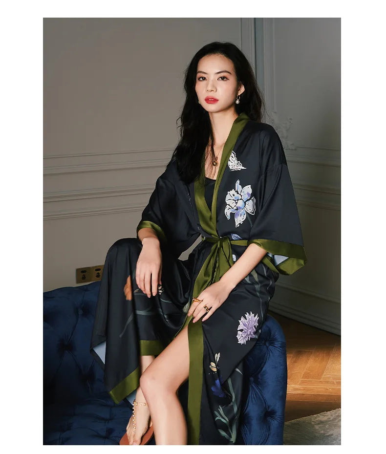 Black Print Flower Long Robe | Nightgown| lounge robe