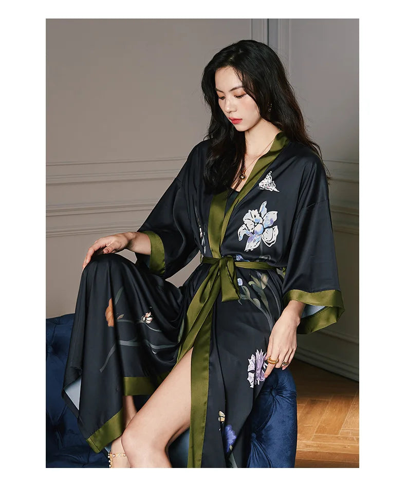 Black Print Flower Long Robe | Nightgown| lounge robe